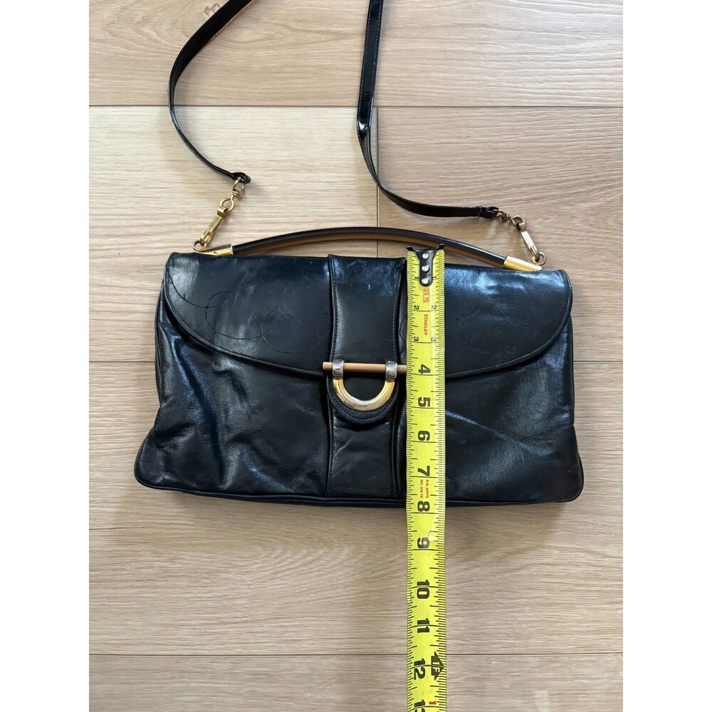 Vintage Black Leather Clutch Shoulder Bag Gold Tone Metal Clasp Flap Style - Picture 6 of 7